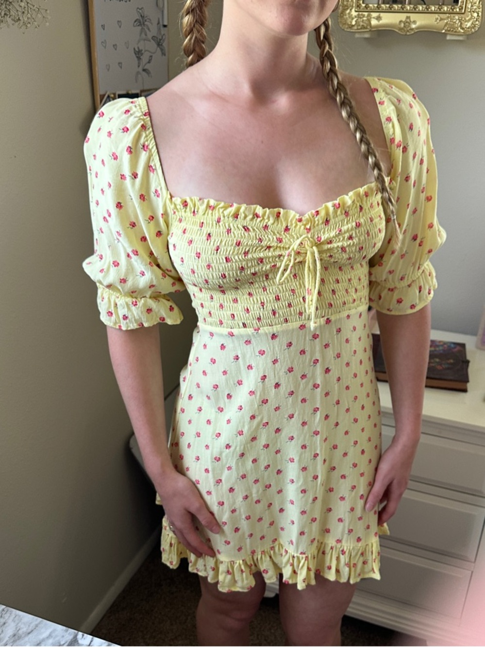 Faithfull the Brand Lemon Yellow Red Floral Smocked Mini Dress - Picture 3 of 6